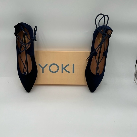 New In Box Yoki Women's Navy Blue Velvet Ballerina Ankle Lace Up Flats - Picture 5 of 10